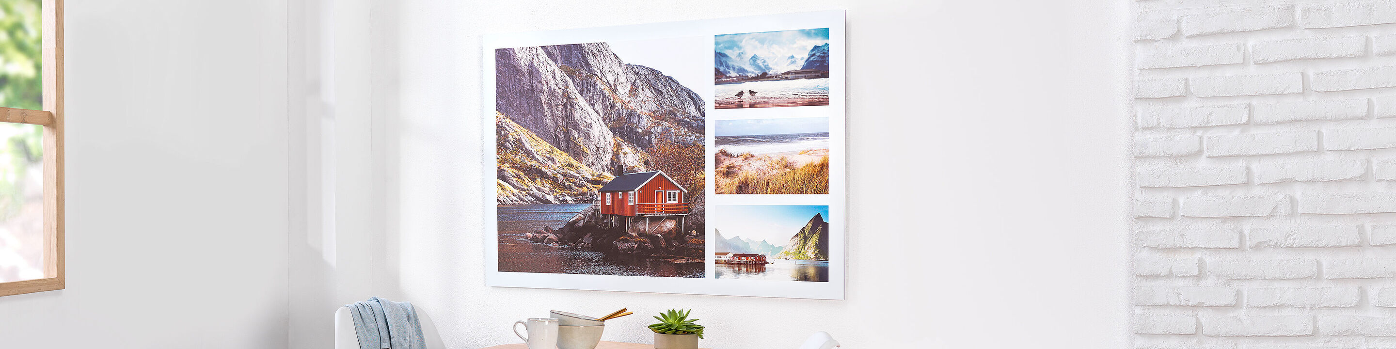 Cuadro de pared con lagos de montaña y casa roja en la naturaleza, rodeado de momentos fotográficos