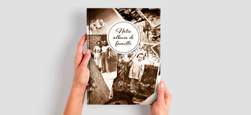 Una persona sostiene un álbum familiar en las manos, rodeada de imágenes nostálgicas en sepia.