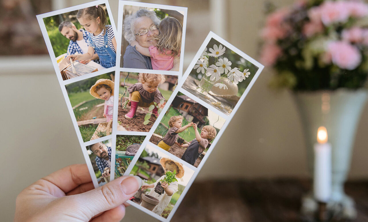 Tres tarjetas de felicitación CEWE con fotos familiares y motivos florales