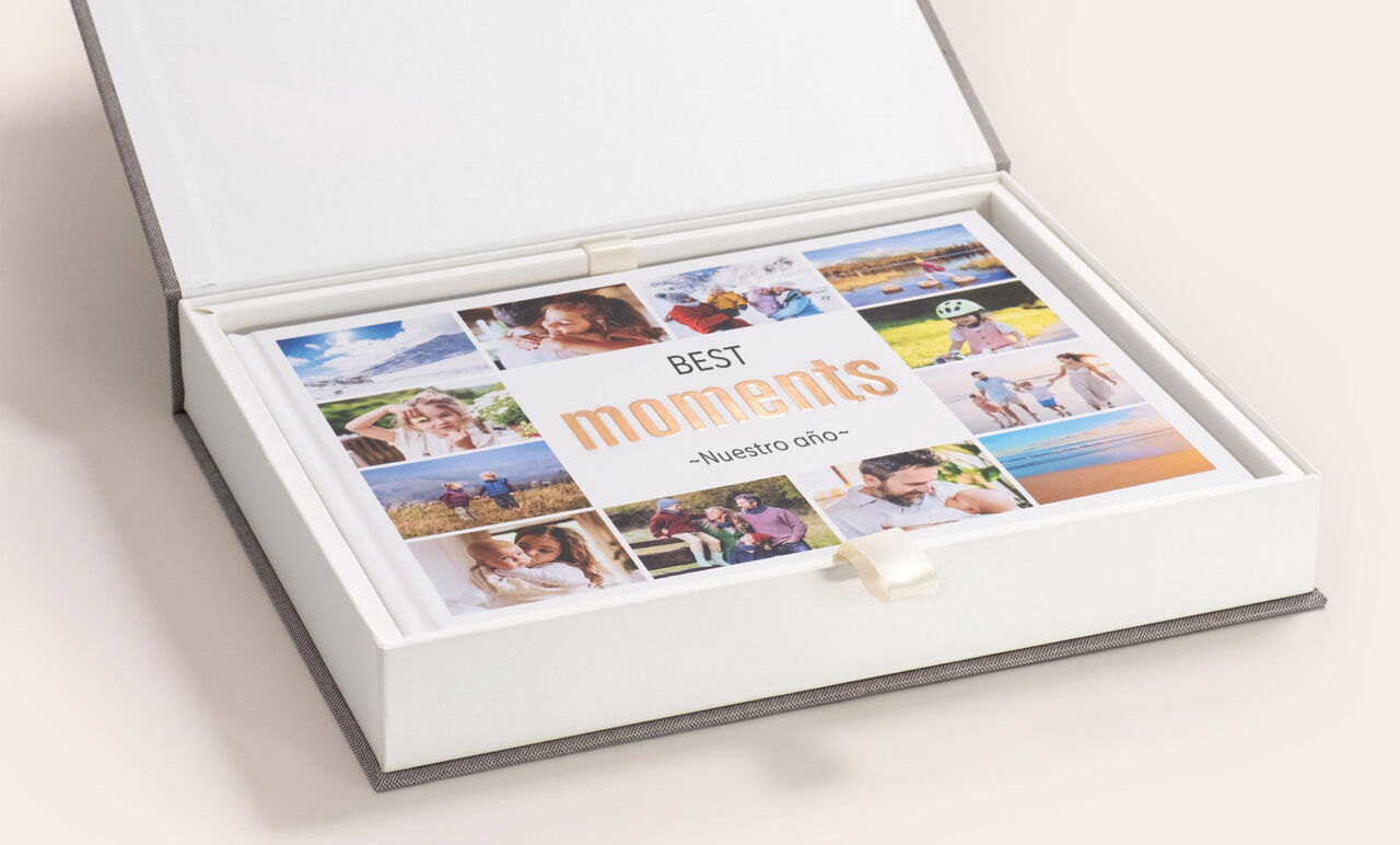 Caja para regalo para el álbum de fotos confeccionada con lino.