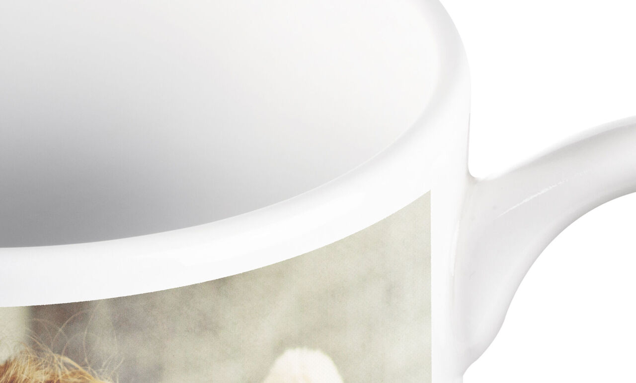Taza con foto de un perro sonriente y una persona compartiendo momentos cariñosos.