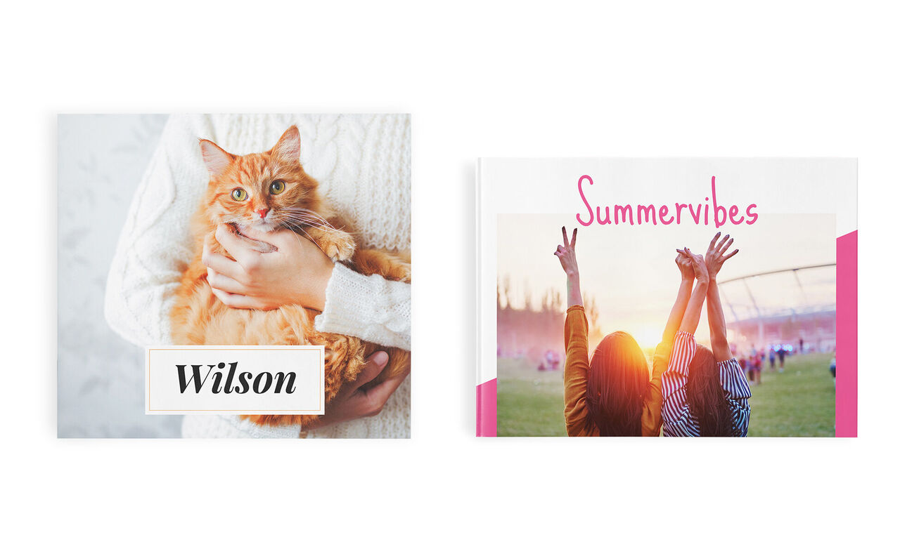 Dos álbumes de fotos: uno con gato y texto "Wilson", el otro muestra dos personas con "Vibras de Verano" en la portada