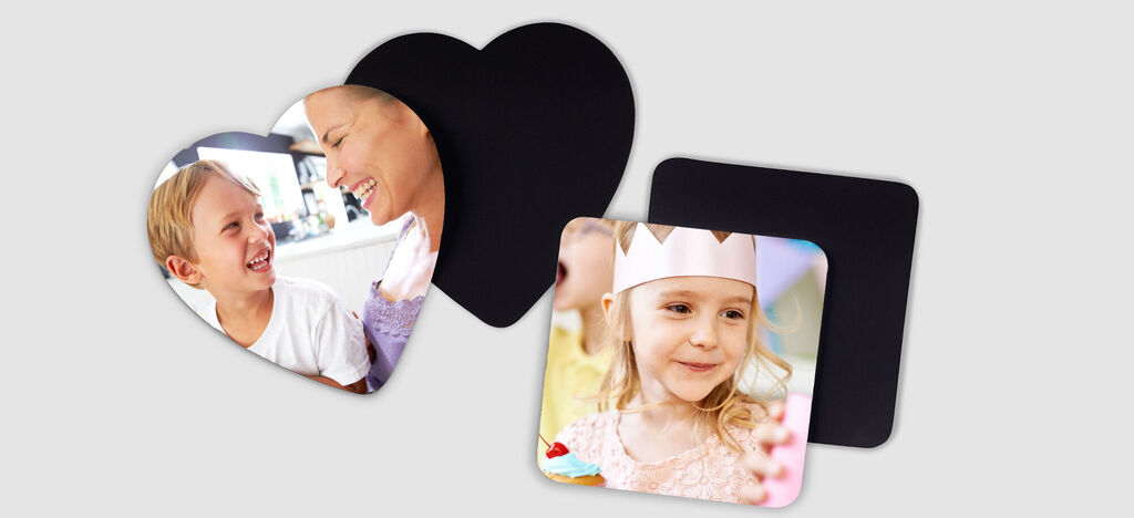 Tres imanes de fotos creativos en forma de corazón y cuadrado.