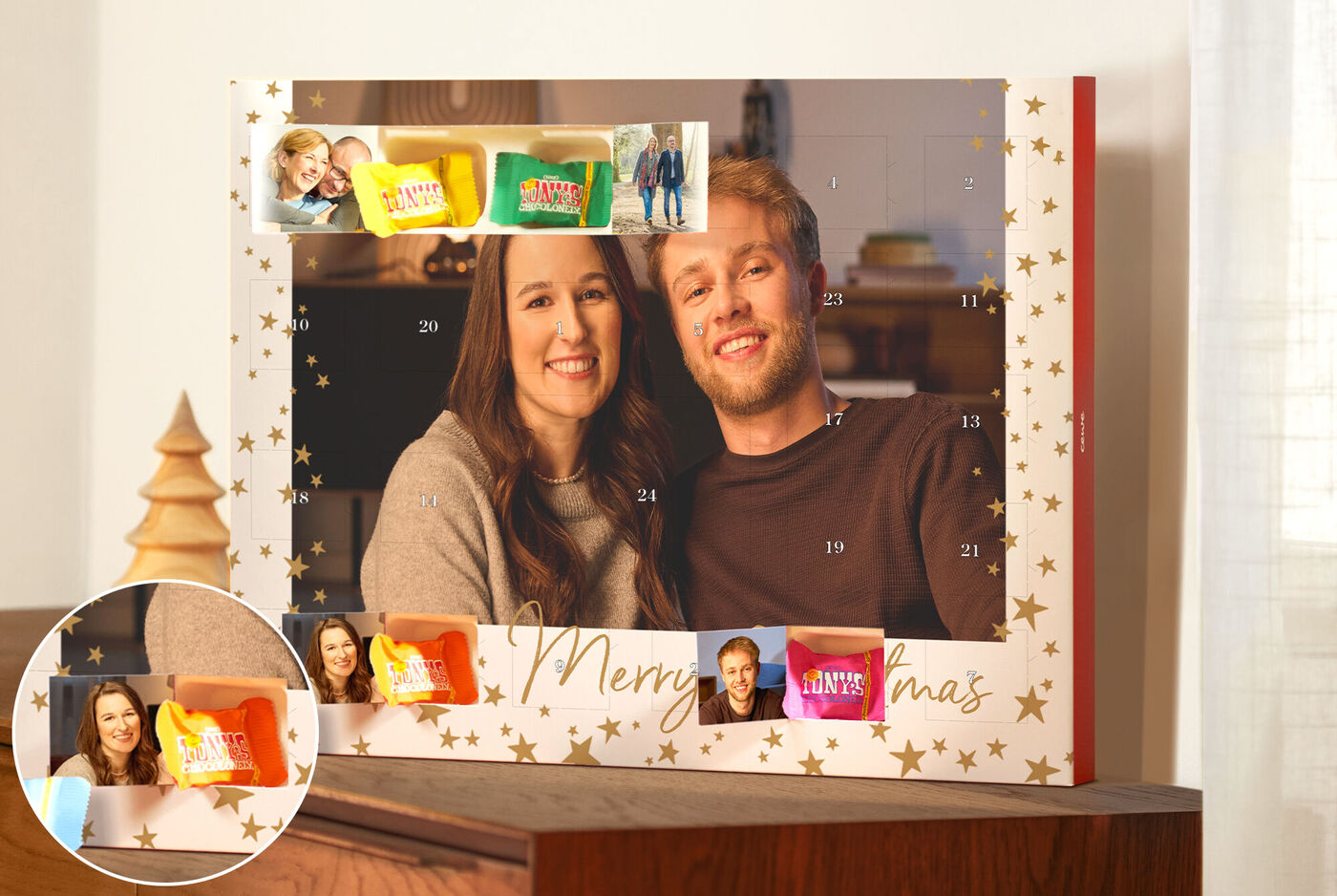 calendario de Adviento personalizado con chocolates ecológicos Tony's y 24 ventanas con foto