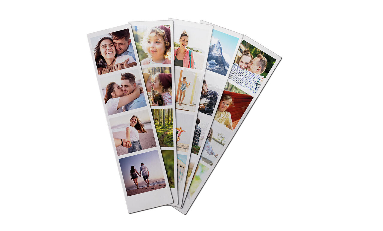 Cinco tiras fotográficas verticales con momentos felices al aire libre, mostrando alegría y conexión, incluidas memorias con amigos y familiares.