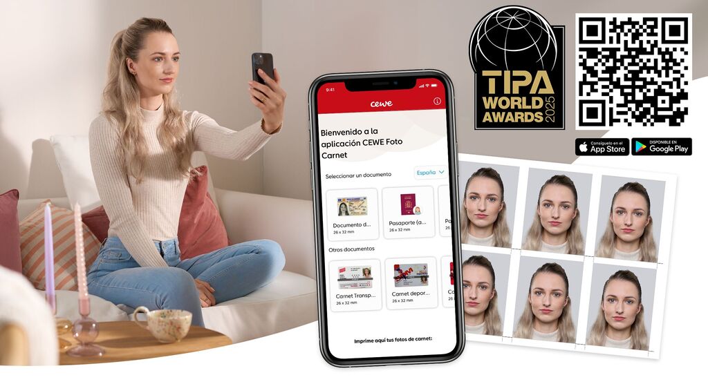 Proceso de toma y gestión de fotos tipo carnet con la app CEWE Foto Carnet, ejemplos impresos y código QR premiado