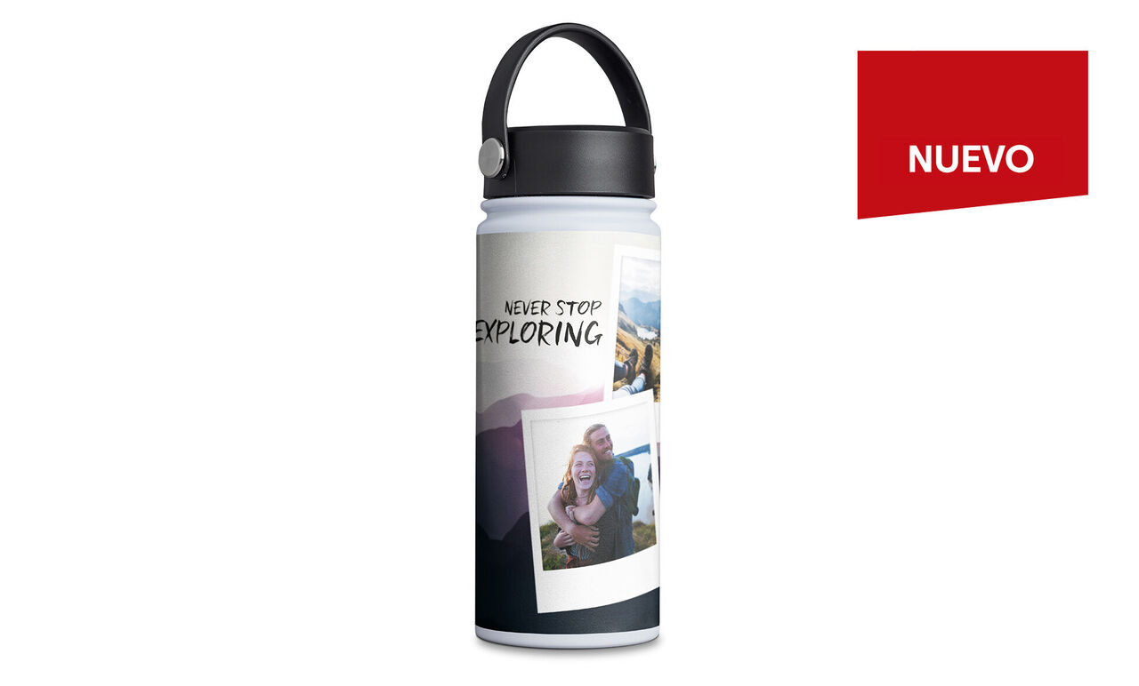 Botella de agua con fotos y el lema 'Never Stop Exploring'
