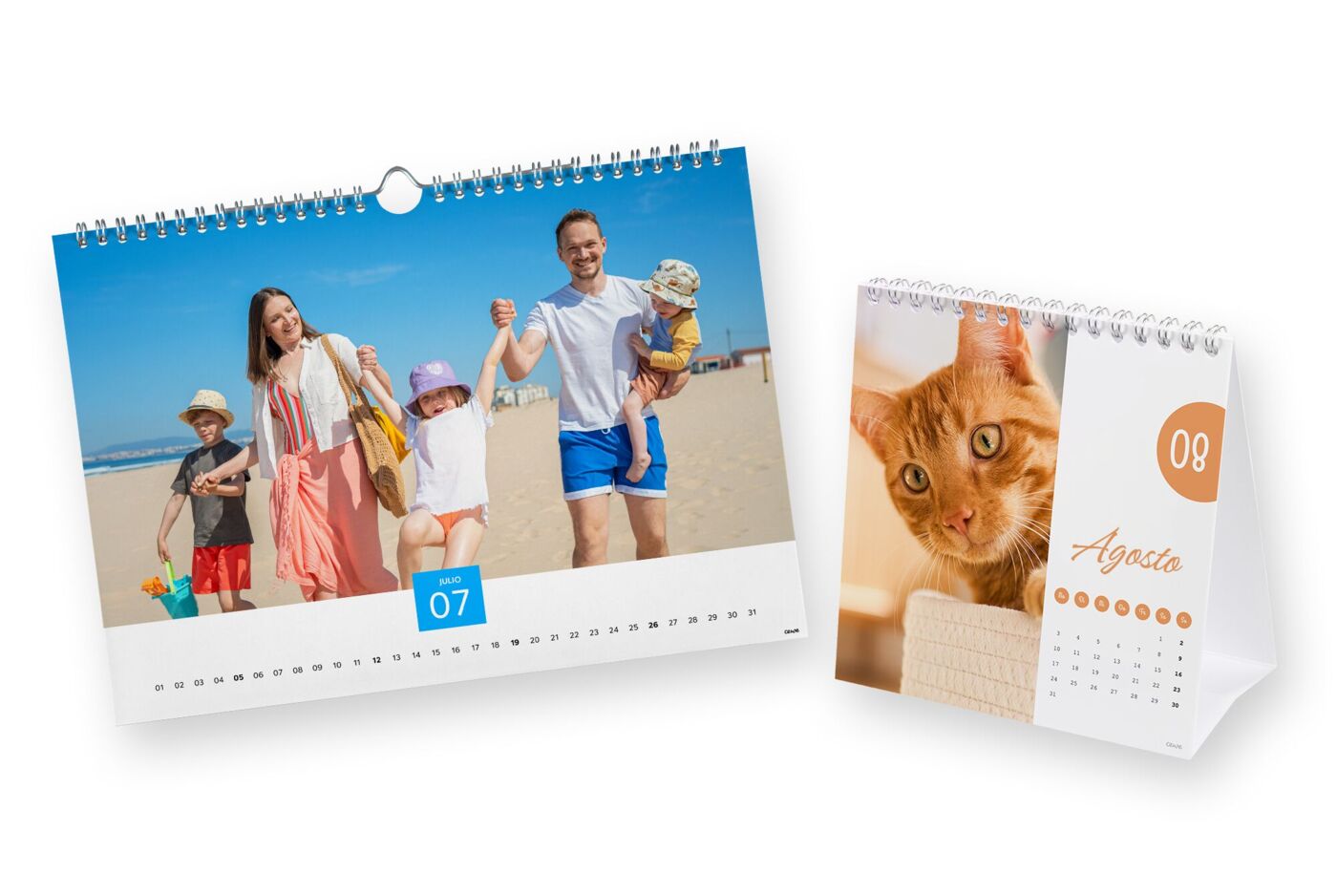 Calendario de familia horizontal y de mesa con dos fotos de familia y un gato