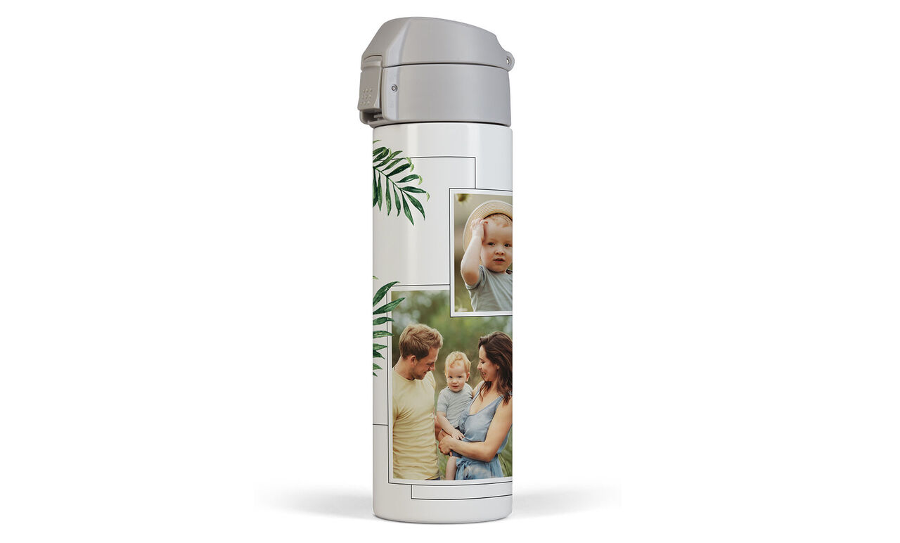 Botella térmica con fotos personales y diseño vegetal
