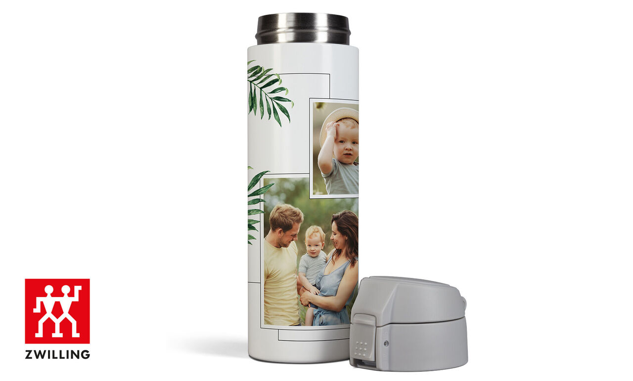 Una taza personalizada de ZWILLING muestra a personas felices en la naturaleza.