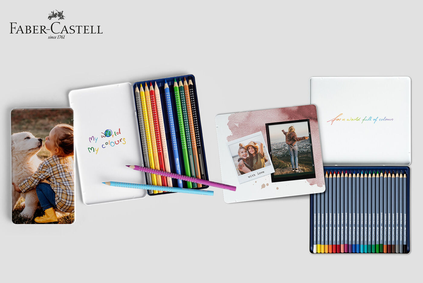 Lápices de colores de Faber-Castell, una caja de 24 colores y una foto de dos personas con un perro.