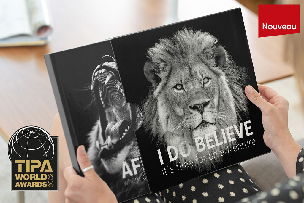 Una persona sostiene un CEWE Fotobuch con portada de león y un mono. El título es 'CREO que es hora de una aventura'.