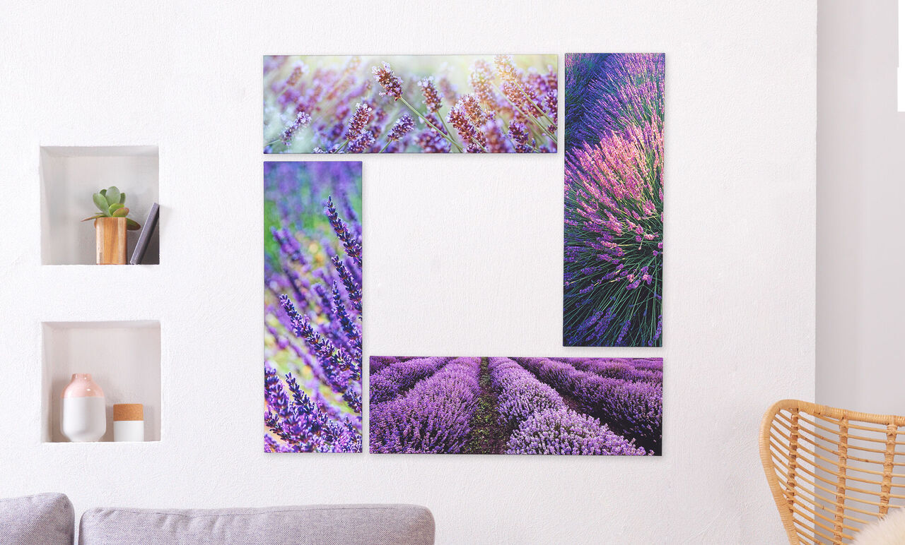 Hermosa decoración de pared con motivos de lavanda en varias formas