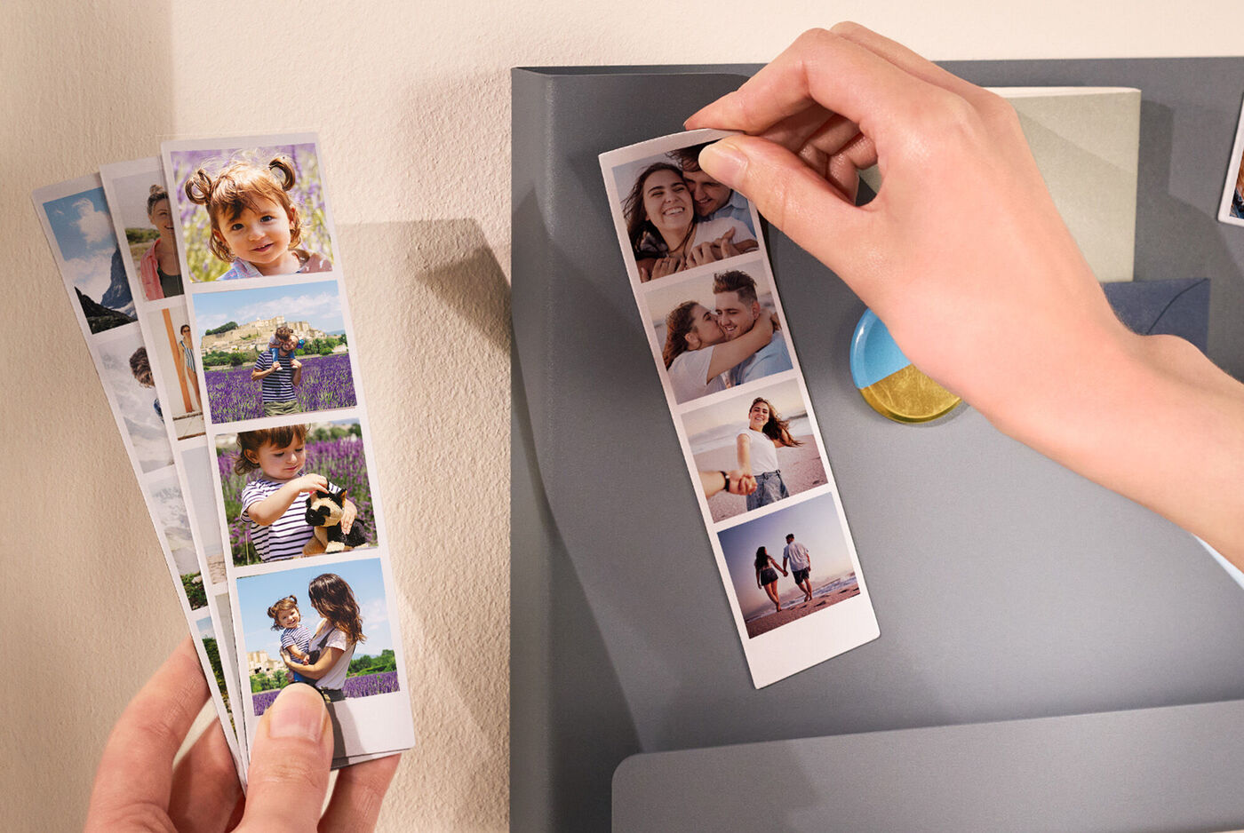 Tiras de fotos con imán para decorar tu nevera o cualquier superficie metálica.