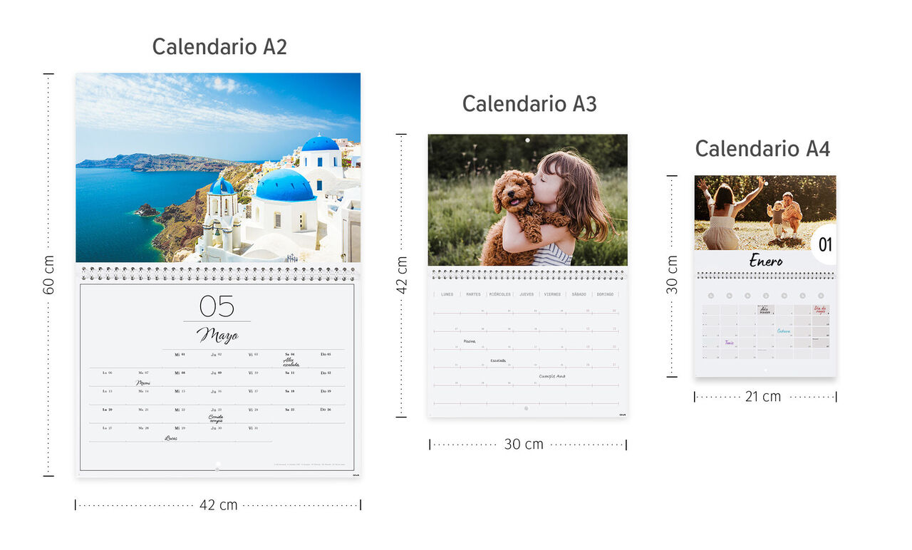 Una vista de calendarios CEWE en varios formatos, con bellas imágenes de experiencias vacacionales.