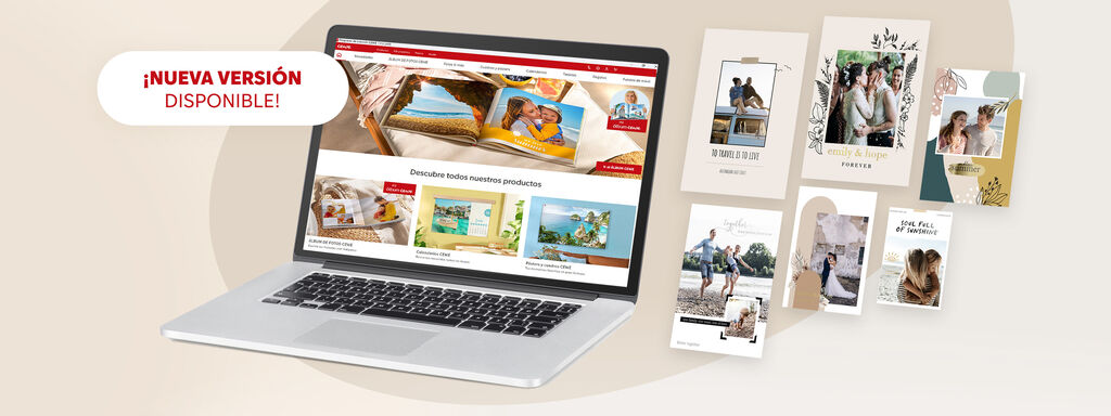 Un portátil muestra la página web de CEWE con diferentes productos fotográficos.