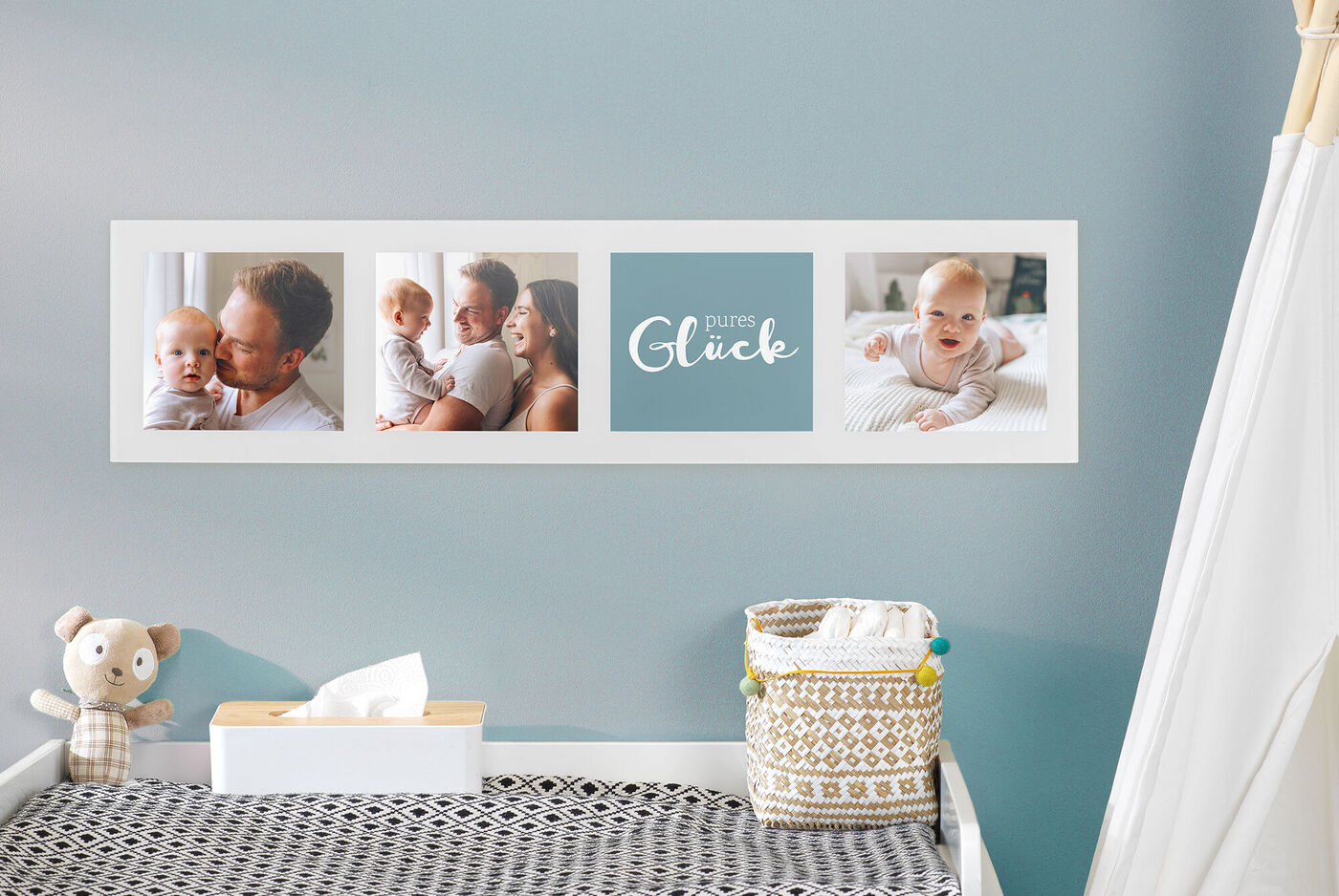 Una pared fotográfica creativa con tres marcos que muestran momentos felices. En el centro dice 'tu felicidad'.