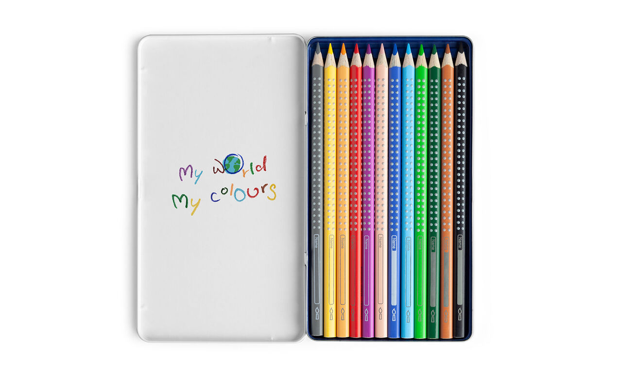 Lápices de colores en una caja transparente con la inscripción 'My World My Colours'