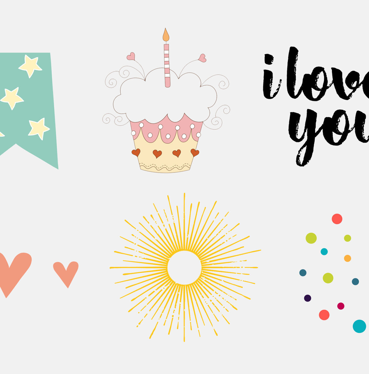 Gráficas coloridas con un pastel de cumpleaños, corazones y un 'Te amo'