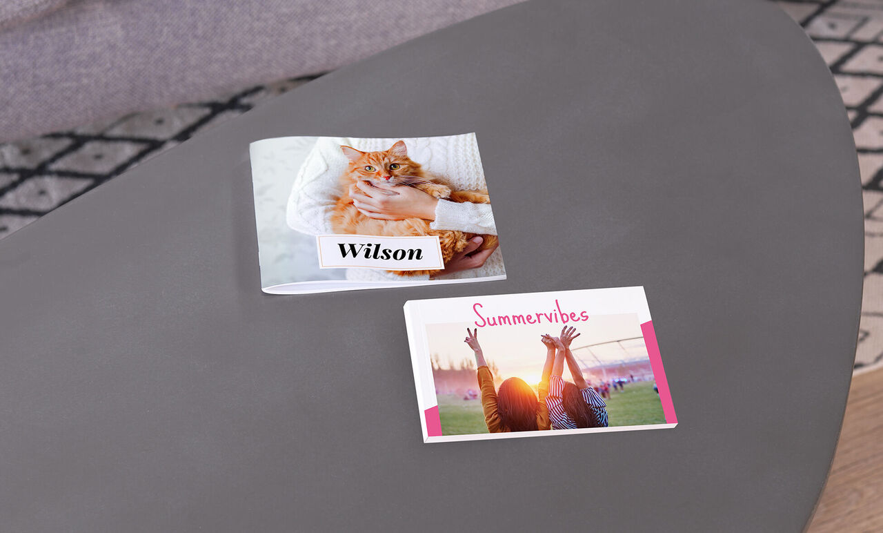 Dos álbumes fotográficos sobre una mesa. Uno muestra un gato llamado Wilson, el otro tiene el título Vibras de Verano.
