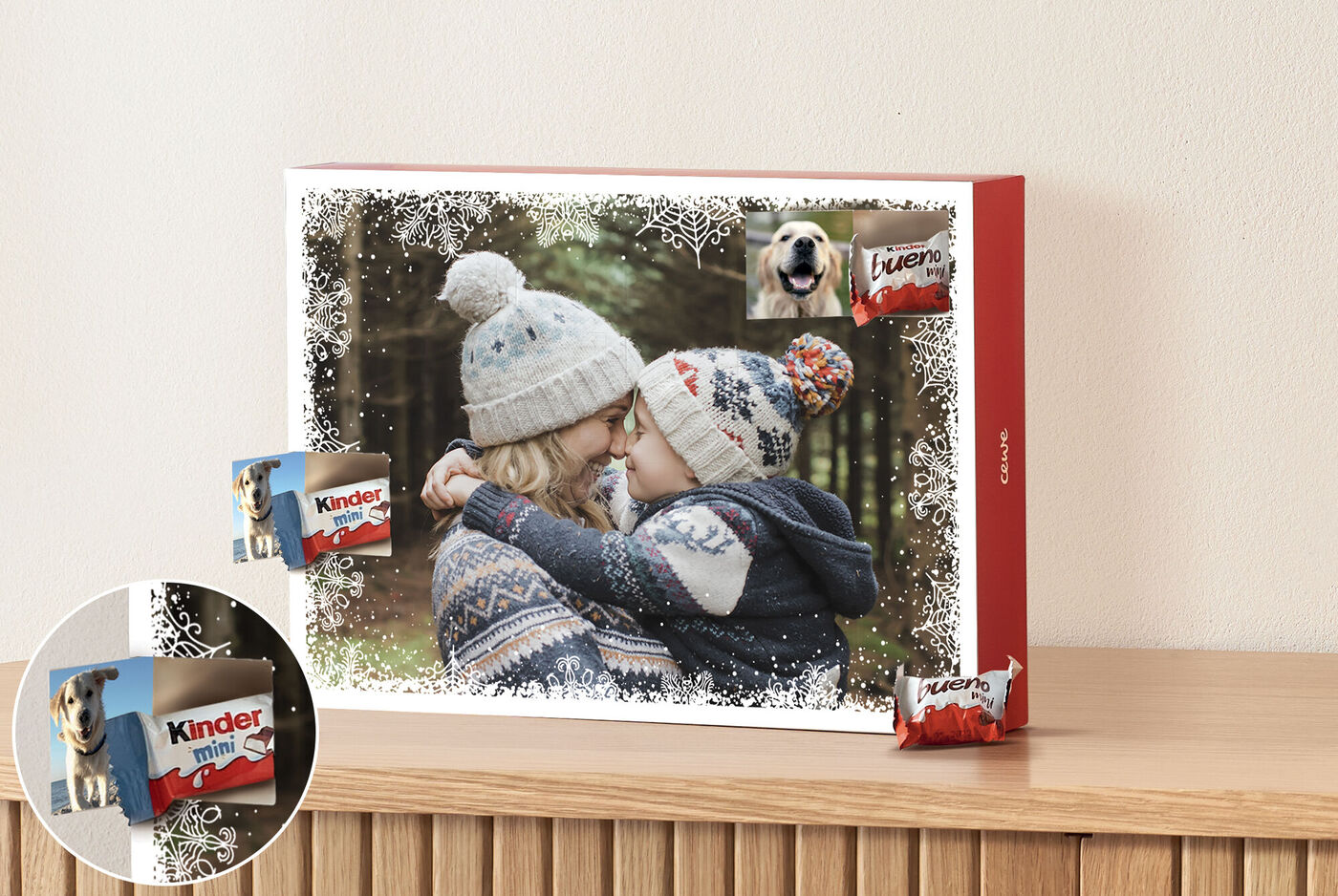 calendario de Adviento personalizado con chocolates kinder y 24 ventanas con foto