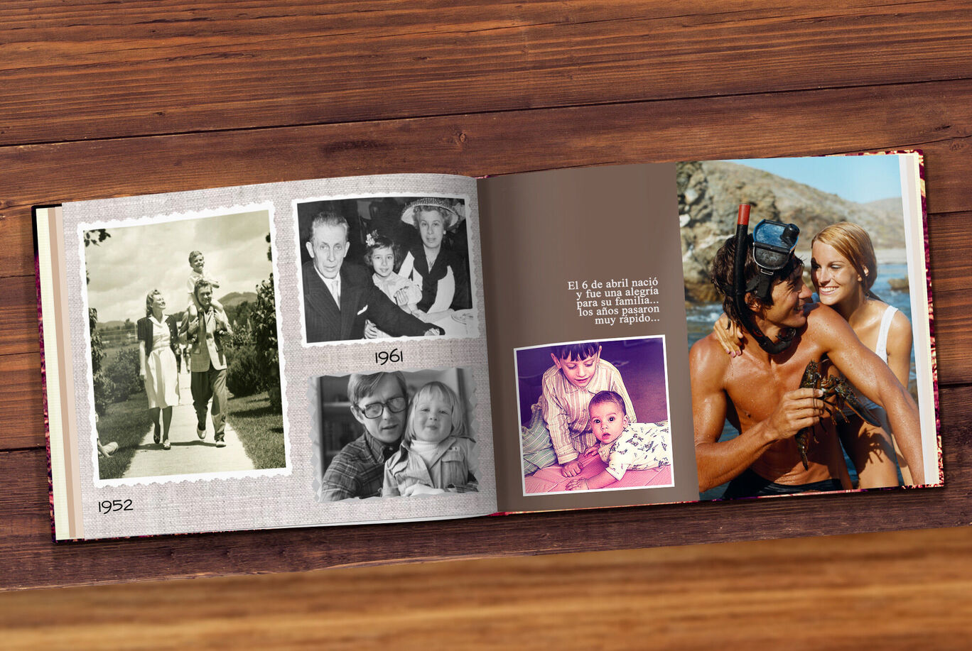 Un álbum de fotos abierto con imágenes nostálgicas del pasado que muestran bellos recuerdos
