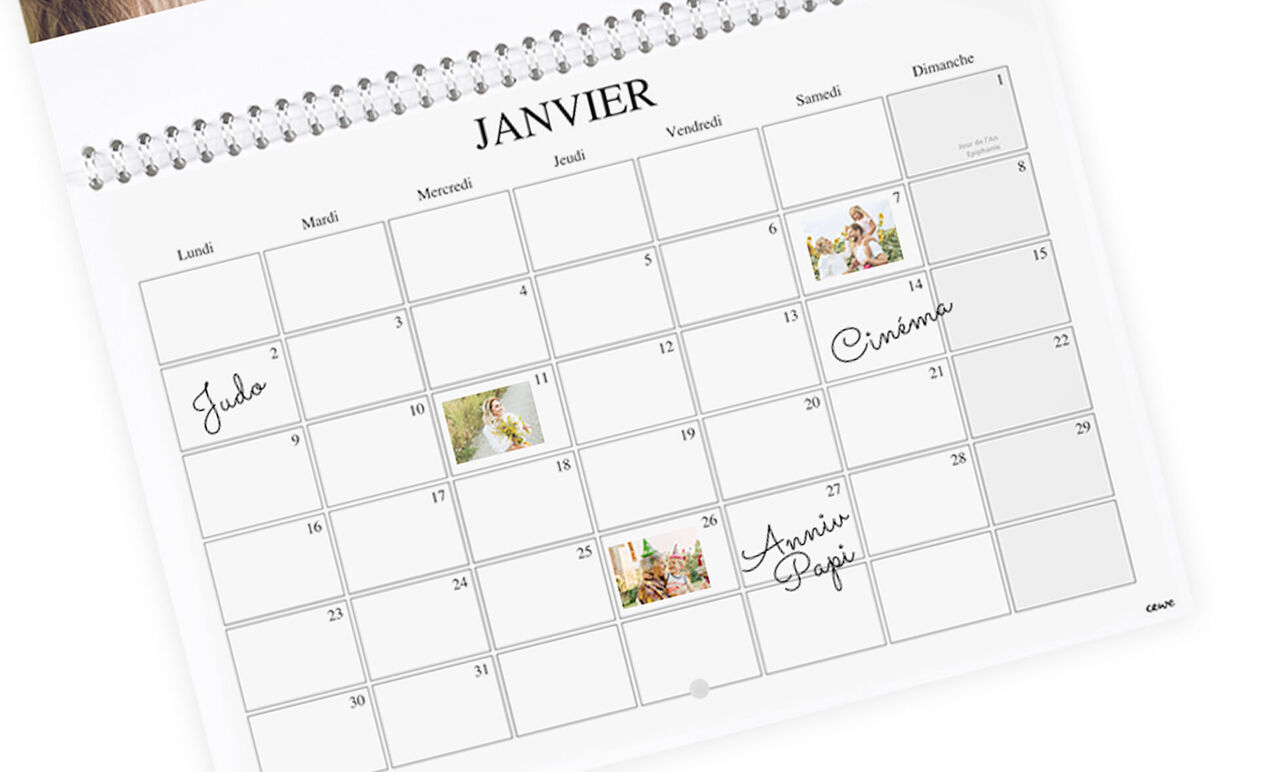 Hoja de calendario para enero con imágenes y notas a mano