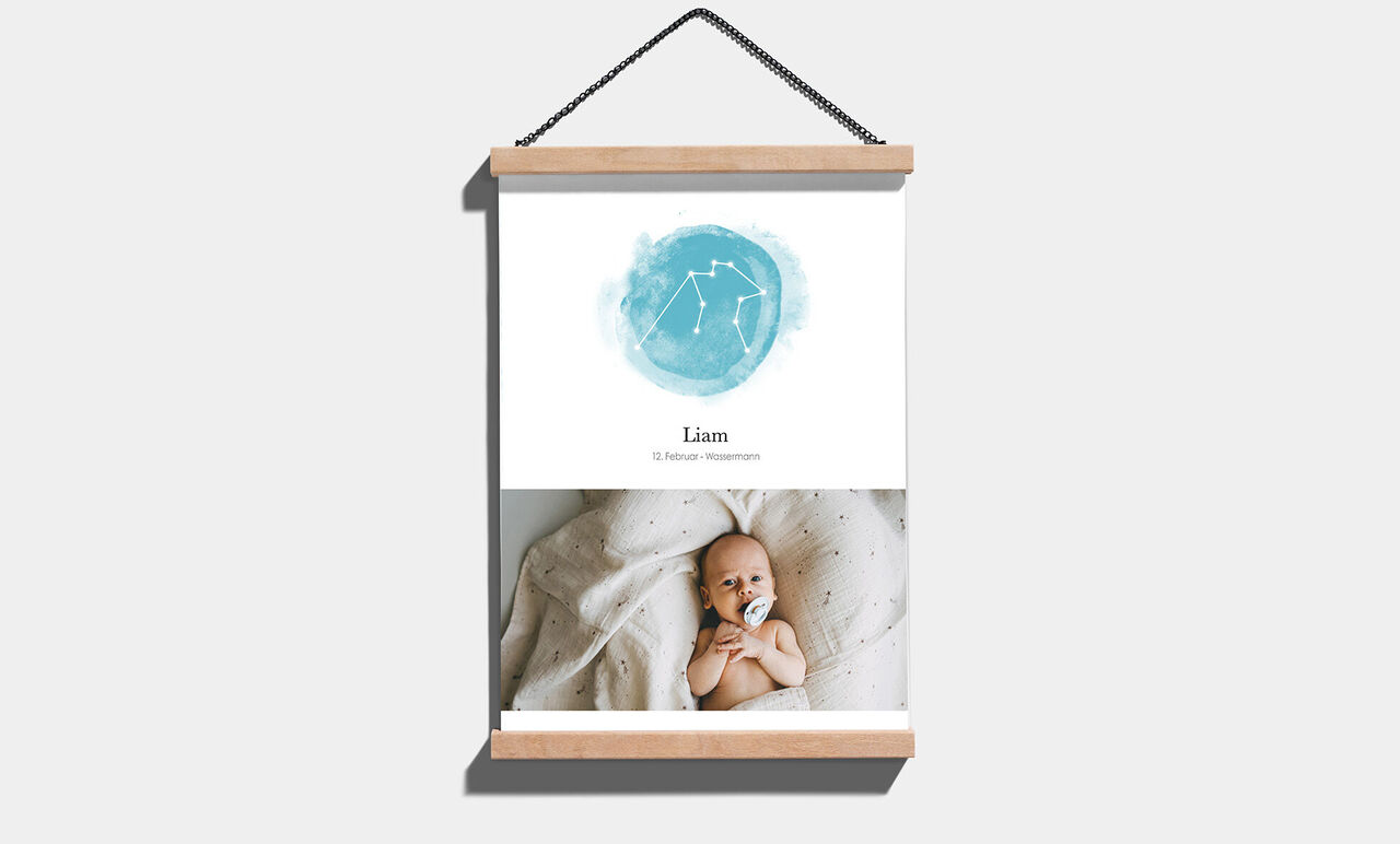 Póster maravillosamente diseñado con el nombre Liam y un suave motivo azul con estrellas