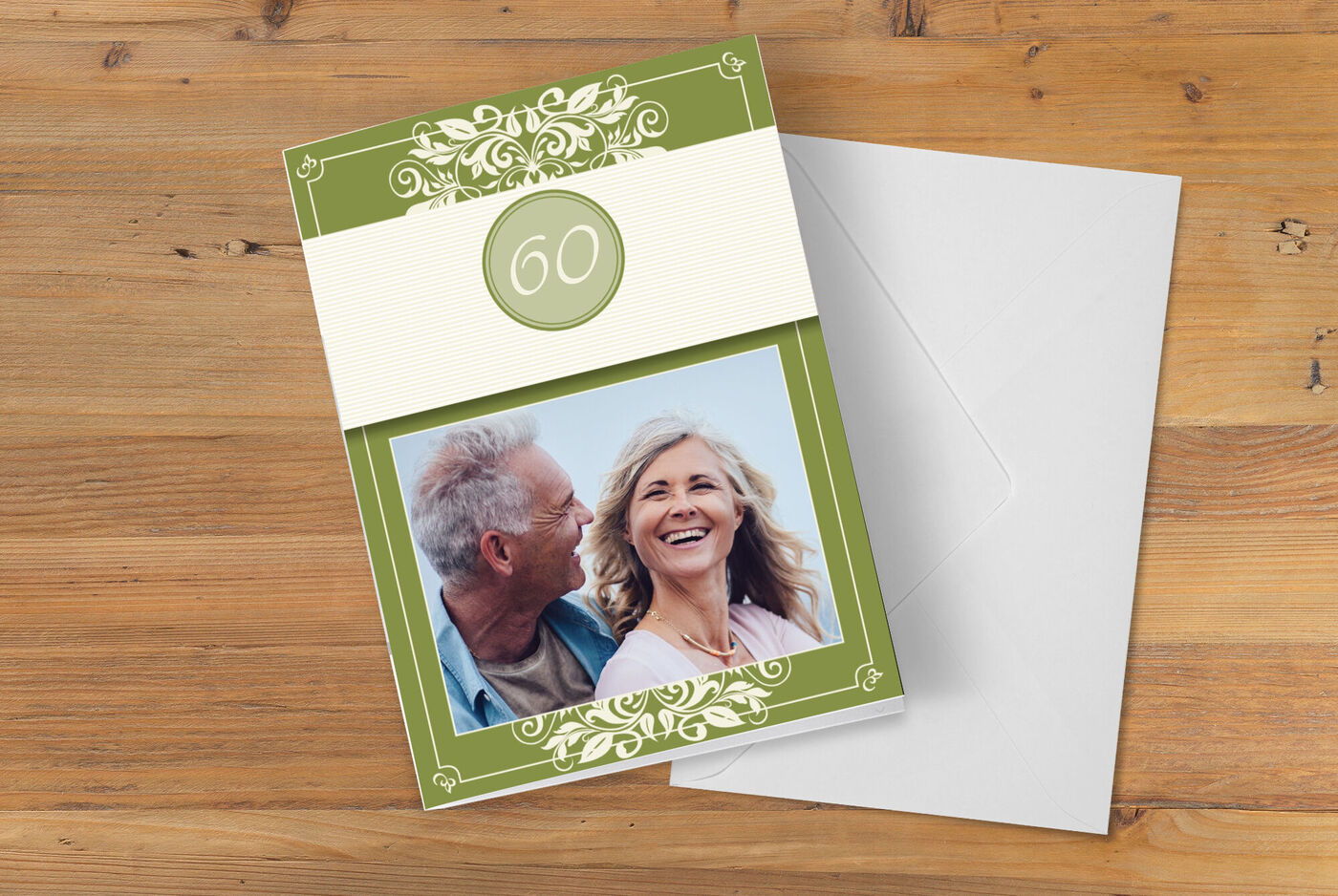 Tarjeta de cumpleaños personal para 60 años con diseño elegante y fondo verde.