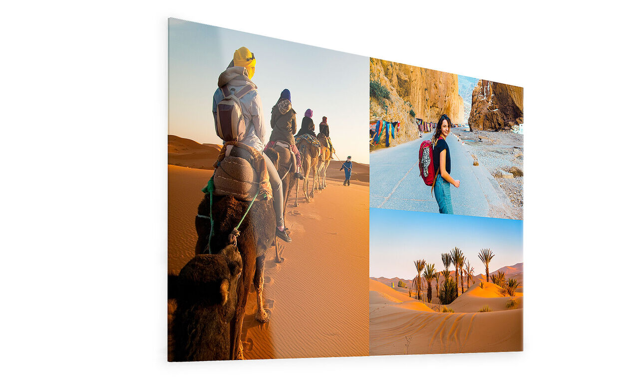 Un increíble collage de momentos de viaje: camellos en el desierto y una mujer frente a rocas imponentes.