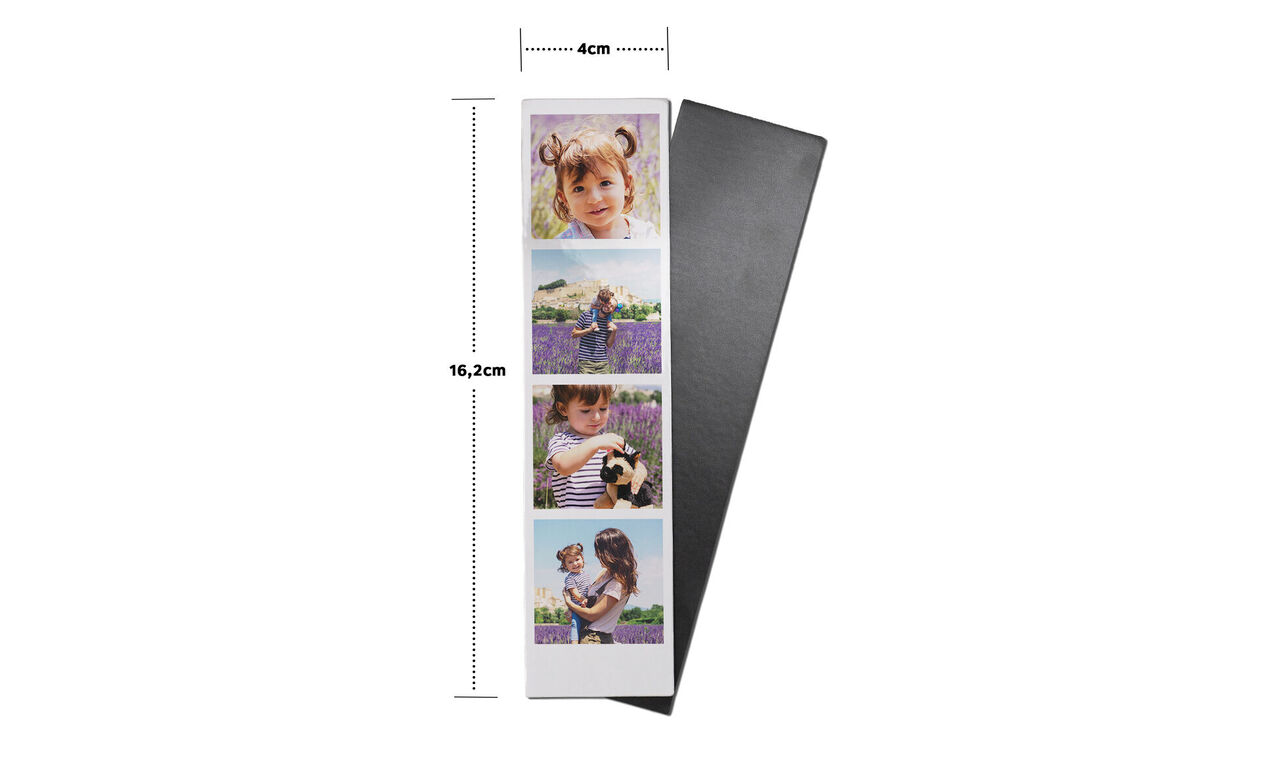 Una caja de fotos desplegable con cuatro imágenes en lirios morados. Perfecta para recuerdos.