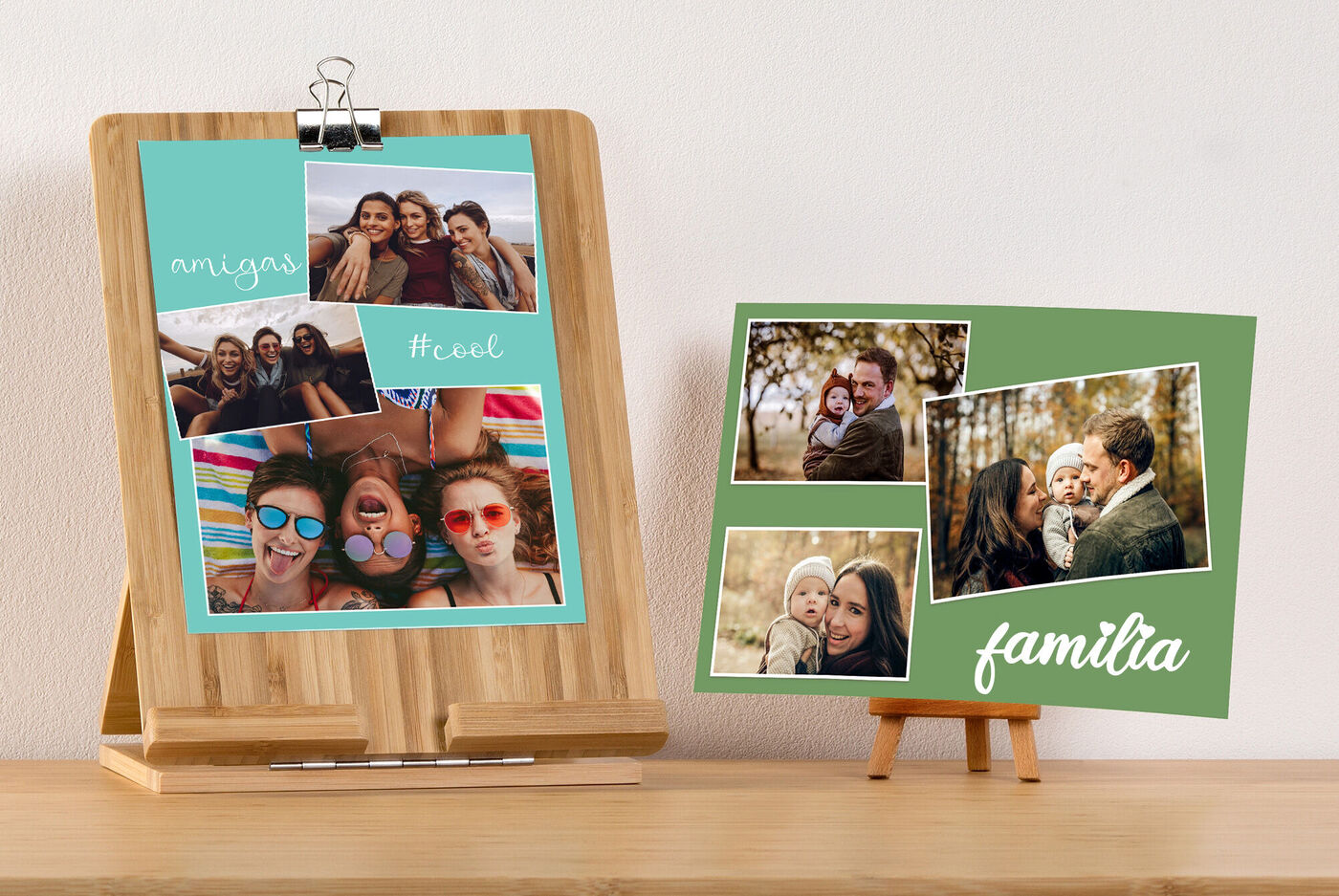 Un tablón de madera muestra fotos de amigos y familiares.