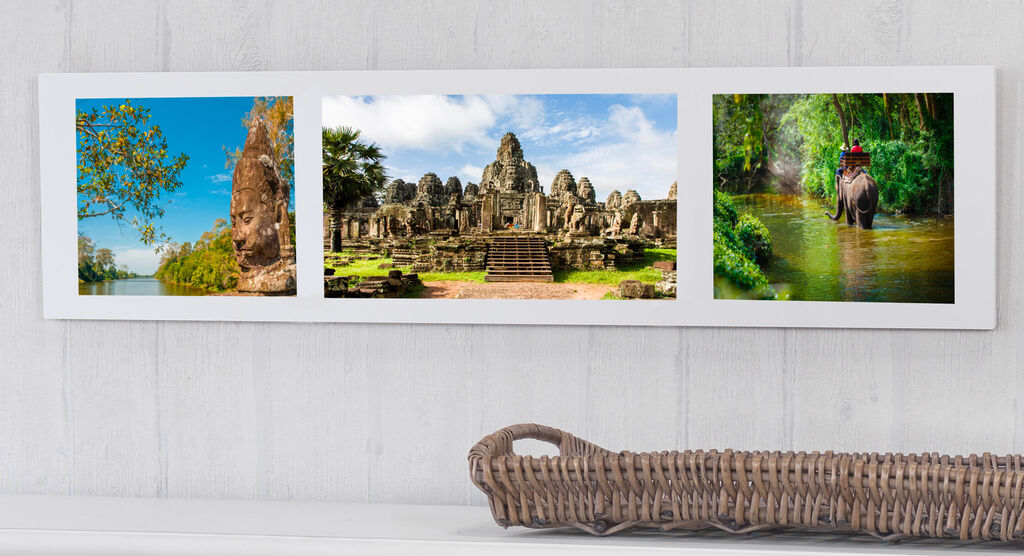 Tres fotos en una repisa: una impresionante escultura de Buda, un templo y un elefante con jinete en la naturaleza.