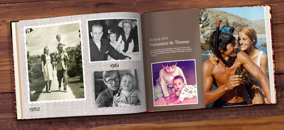 Un álbum de fotos abierto con varias fotos familiares de 1952, 1961 y 1972.