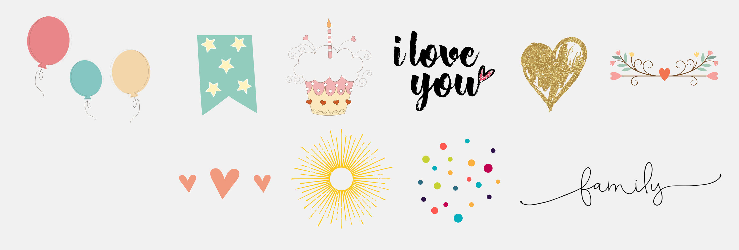 Ilustraciones coloridas con globos, motivos de corazón y una representación de cupcake