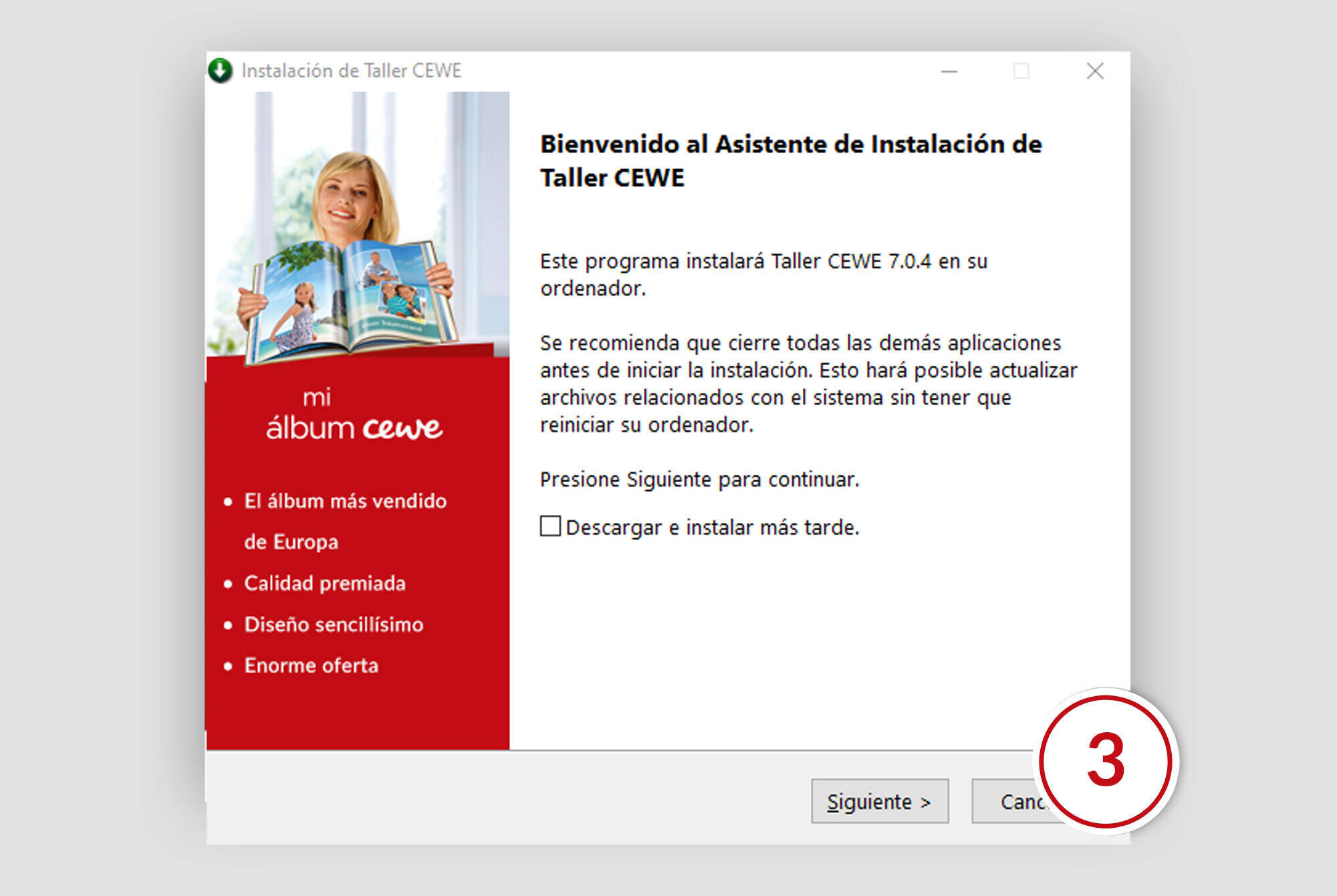 Captura de pantalla del asistente de instalación de CEWE Software en un computador.