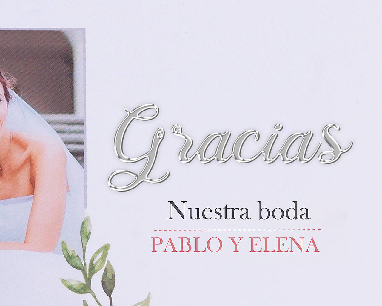 Tarjeta de boda con el texto dorado "Gracias" para Pablo y Elena