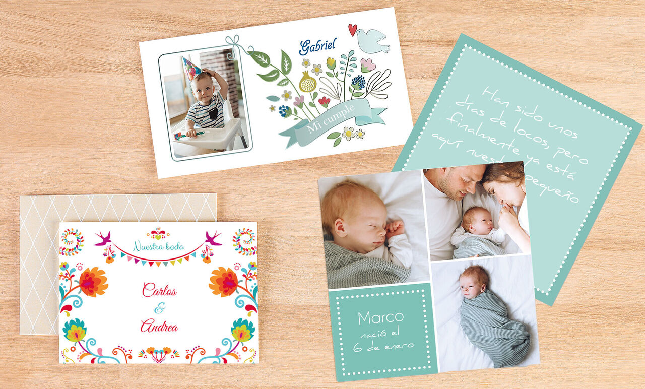 Un conjunto de tarjetas CEWE coloridas y creativas con bonitos motivos y mensajes personales.