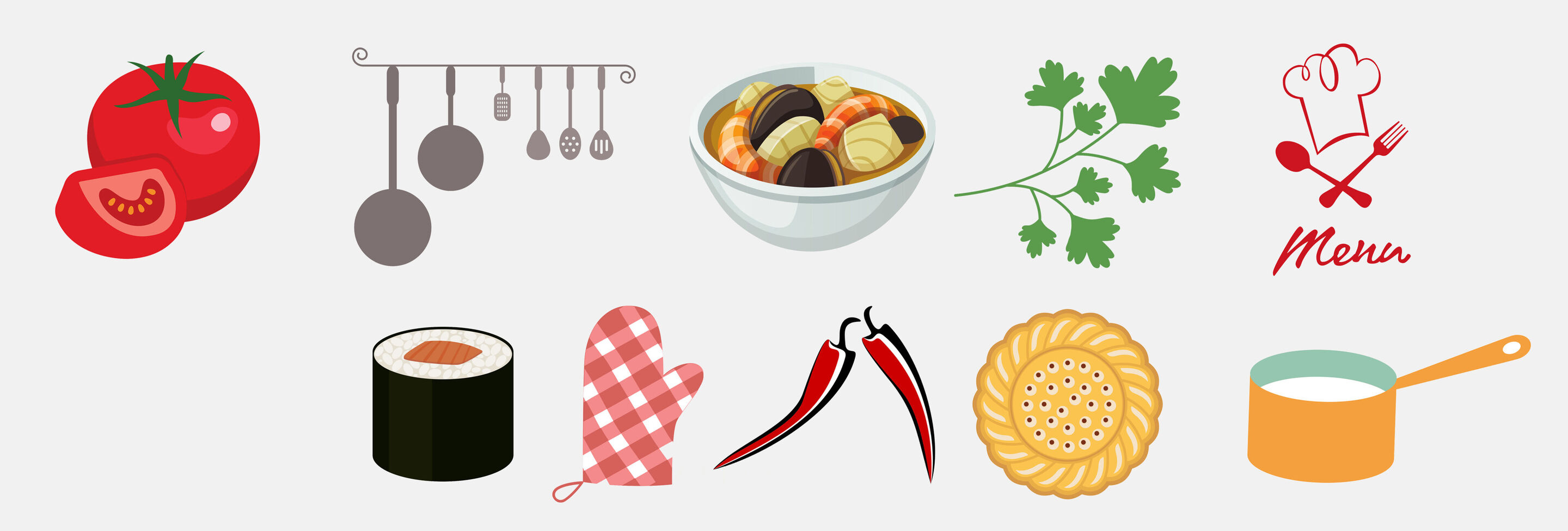 Ilustración de varios alimentos y utensilios de cocina, incluyendo tomates, rollos de sushi, ají y un cuenco.