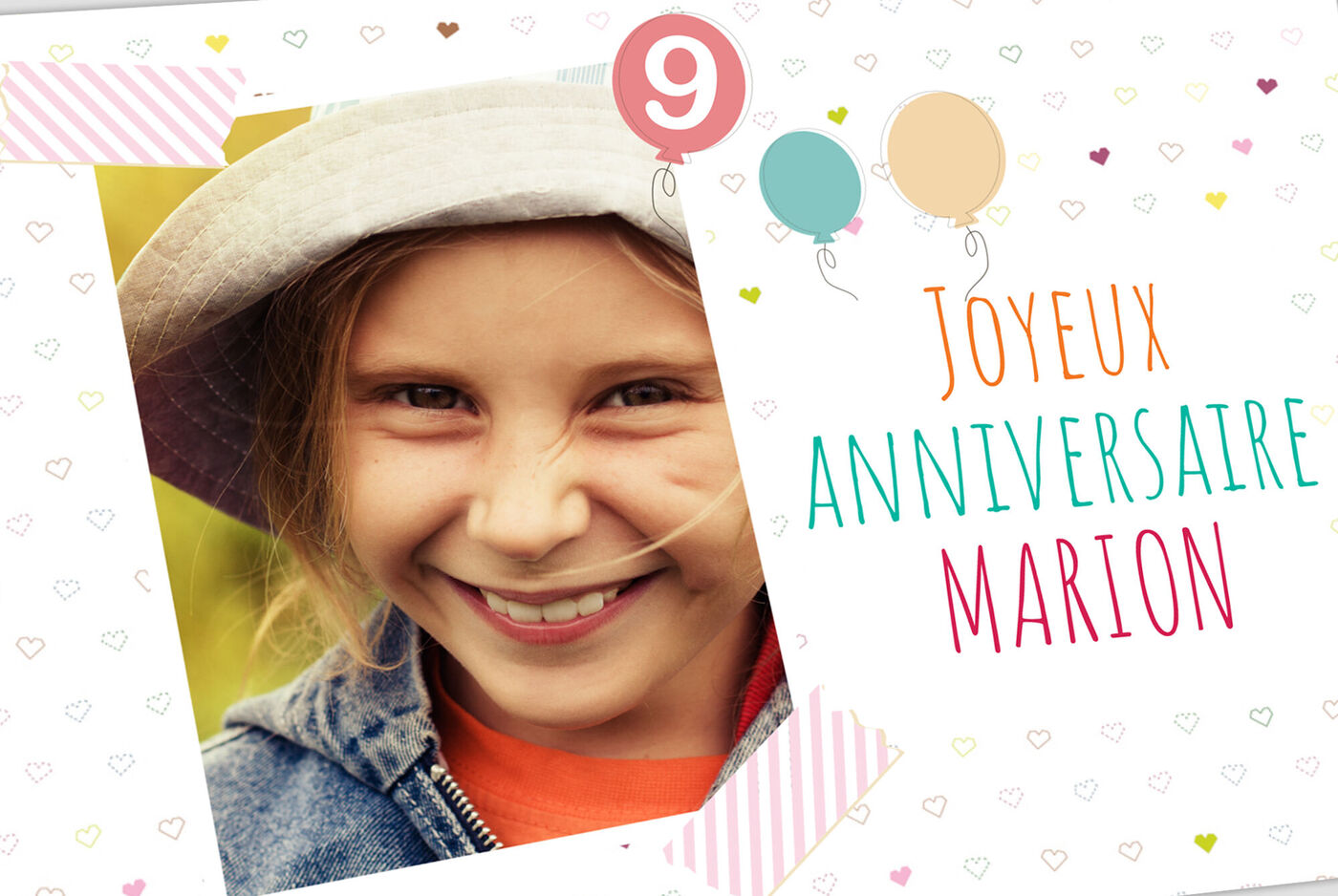 Colorida tarjeta de cumpleaños con confeti y globos que dice "Feliz Cumpleaños Marion".