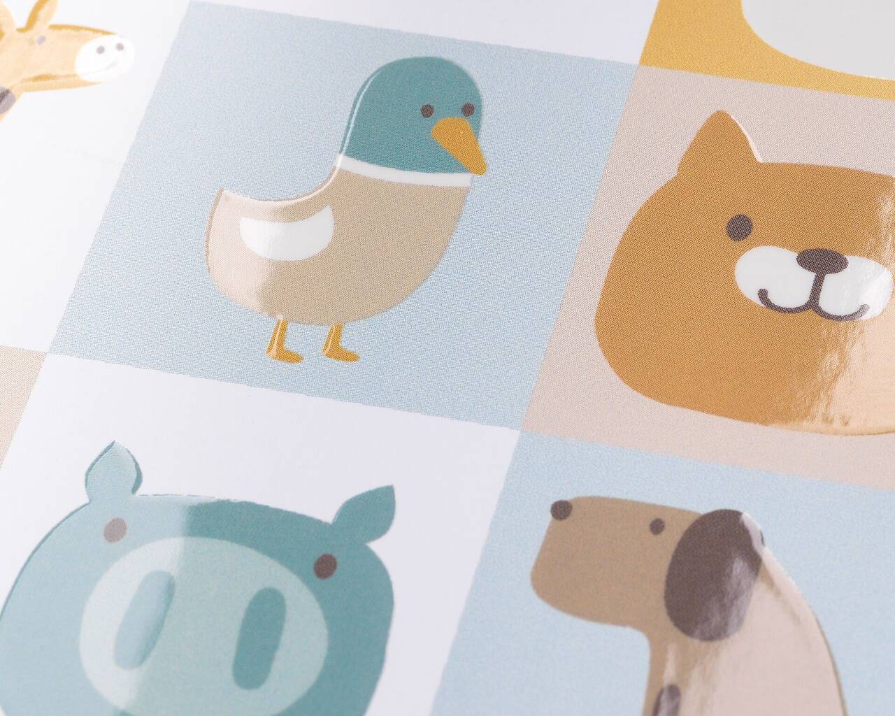 Ilustraciones coloridas de animales: pato, perro, gato, cerdo
